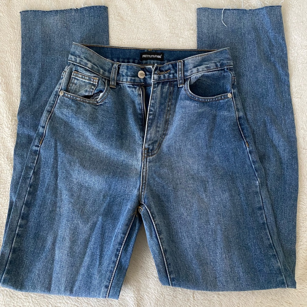 Mid blue fringed straight leg jeans